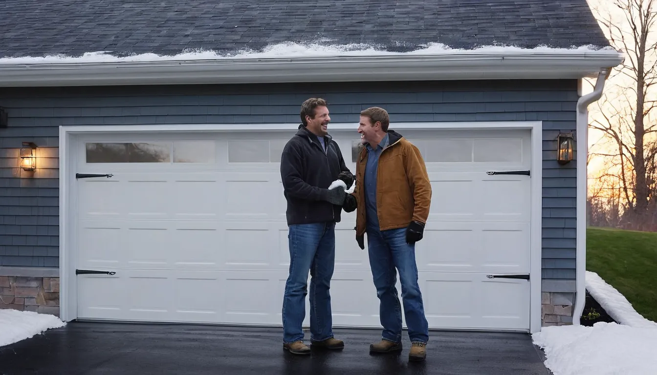 A local garage door provider and a homeowner checking a freshly installed garage door in Trenton