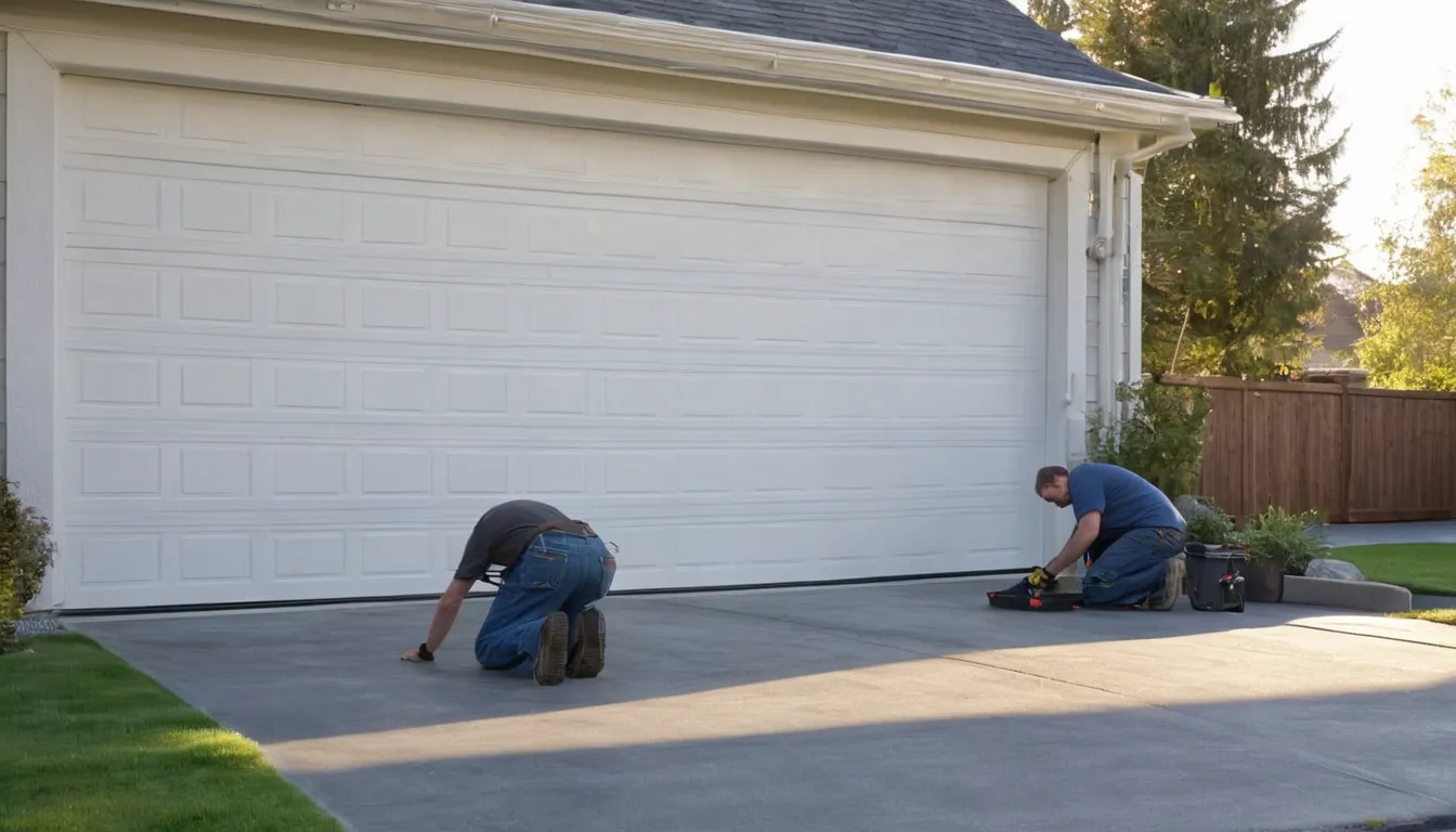 A local garage door provider checking the track on a residential garage door in the Trenton area