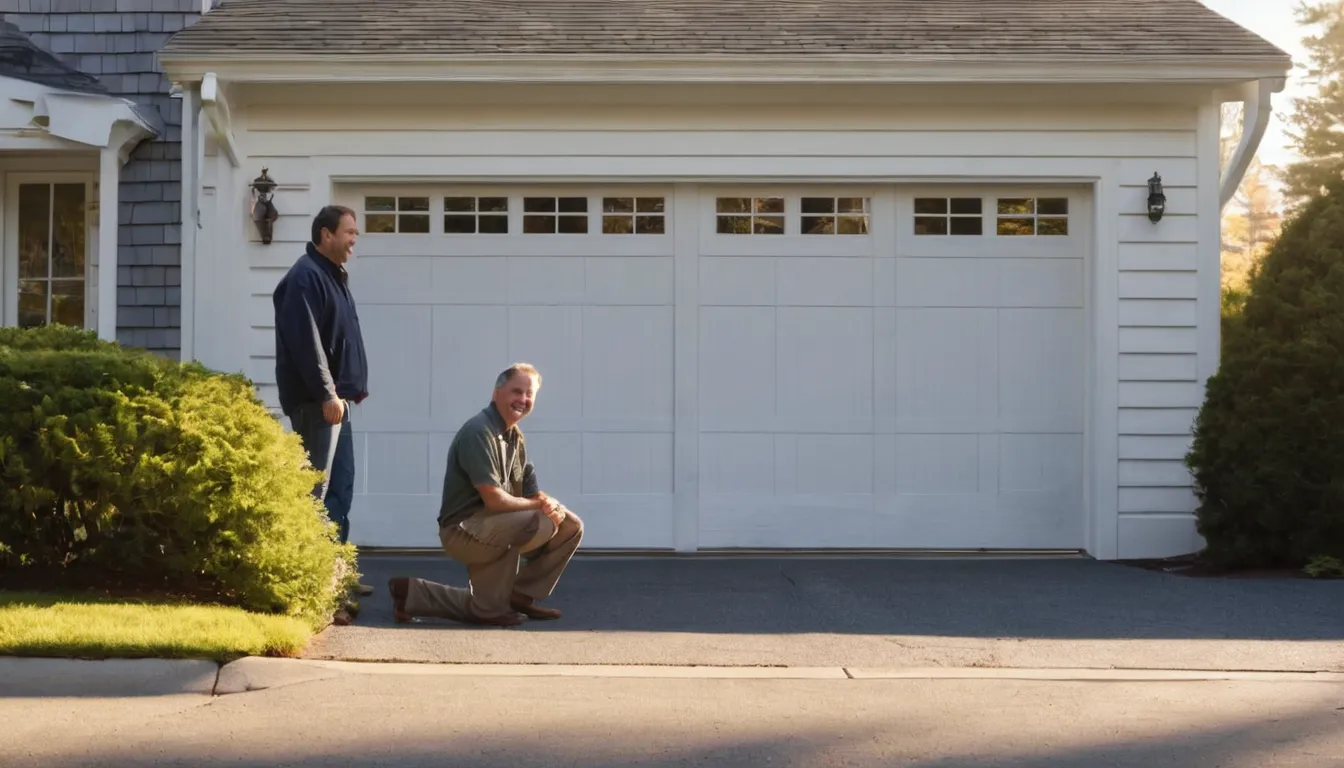 Homeowner looking up at a garage door as a local provider inspects the track in Trenton